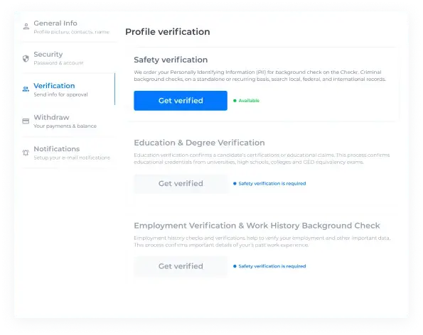 The multi-stage user verification including external and internal screening.