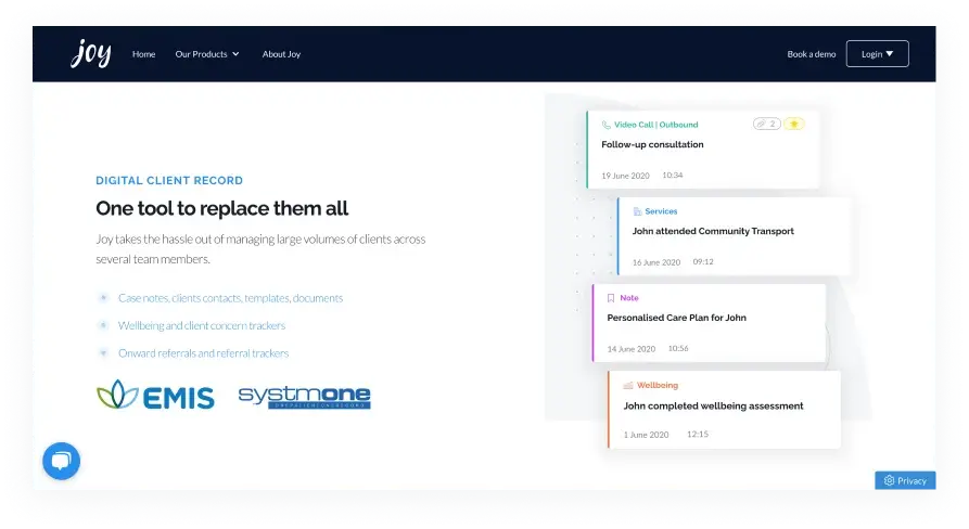 Numerous third-party integrations with EMIS (supplier of electronic patient records), SystmOne (detailed patients contacts with health services across their lifetime), and desktop apps used by doctors