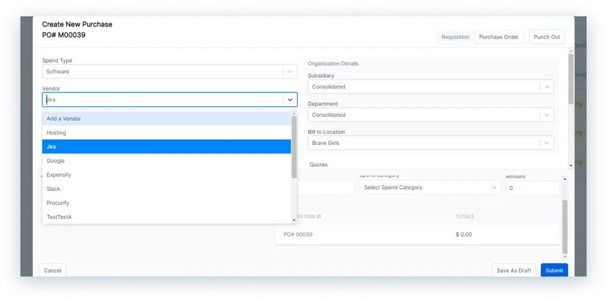 Develop functionality for purchase requisition, orders, packing slips, and vendor bills