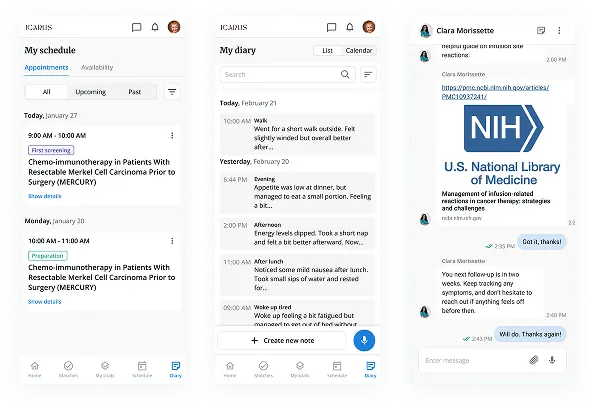Designing supportive health monitoring & communication tools: Beyond matching, the platform required supportive features to improve engagement and transparency. This included designing an e-Diary for daily symptom tracking, secure messaging between patients and coordinators, and contextual notifications tied to appointments & payments.