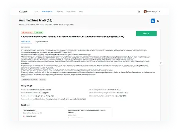 Designing сlear workflows around complex medical data: Clinical trial information is dense and highly specific, so the main UX challenge was structuring long descriptions, eligibility criteria, and multi-step patient actions into a clear, approachable experience for different user roles. mobile