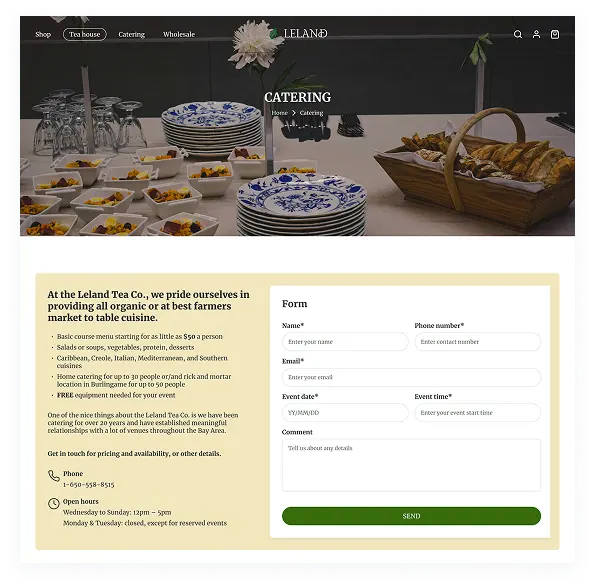 No support for wholesale, catering, or event ordering: The old website only supported individual product purchases. It did not offer any functionality for bulk orders, tea-tasting events, catering services, or corporate gifting . This restricted their ability to scale online and offer experiences beyond single-product e-commerce.